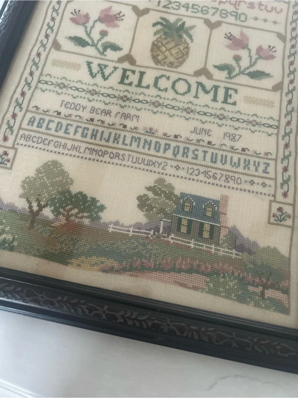 Vintage 1987 Framed Cross Stitch Sampler Welcome Pineapple Farmhouse Wall Art